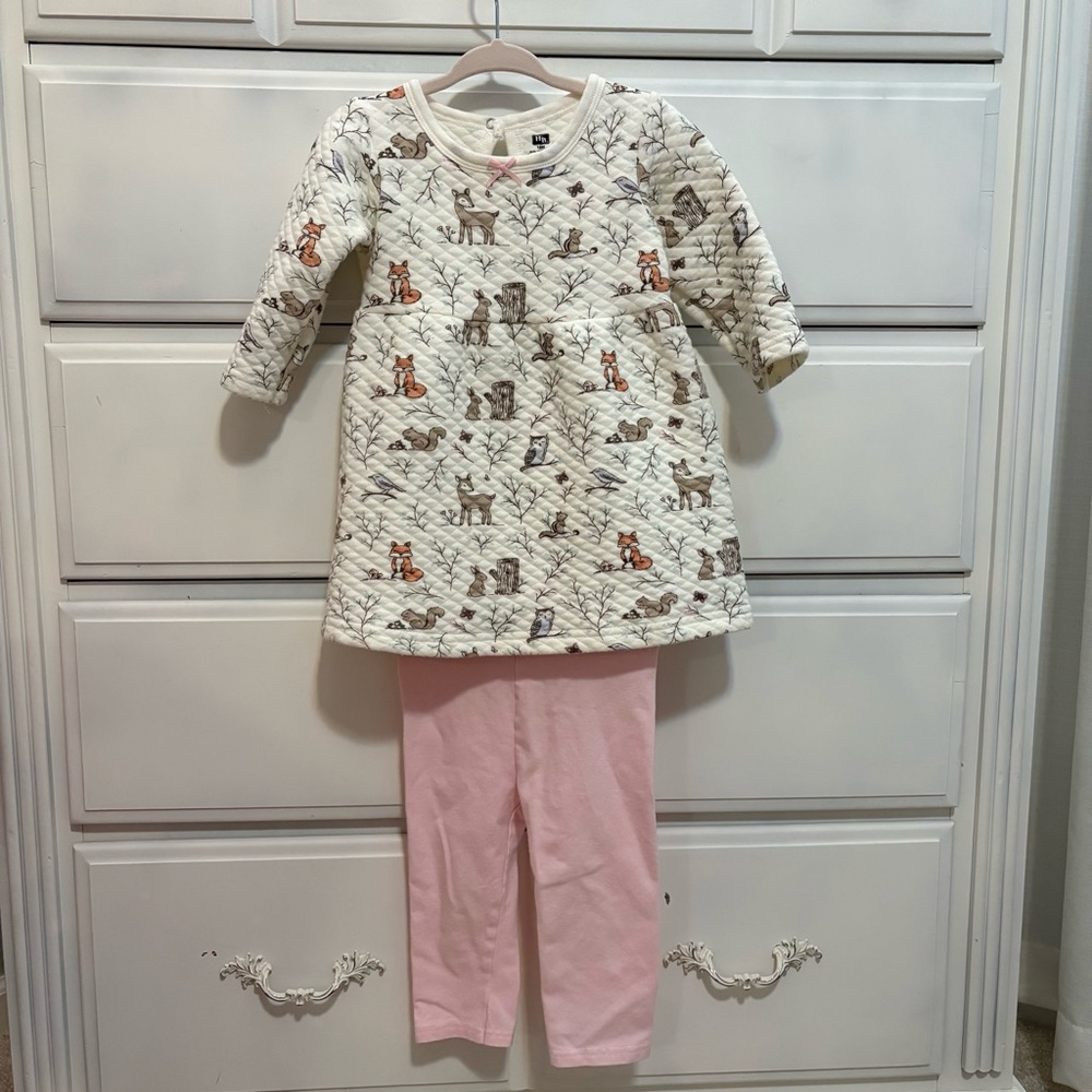 Quilted Toddler Top with Pants Set Forest Animal Print Cream and Pink Size 18M